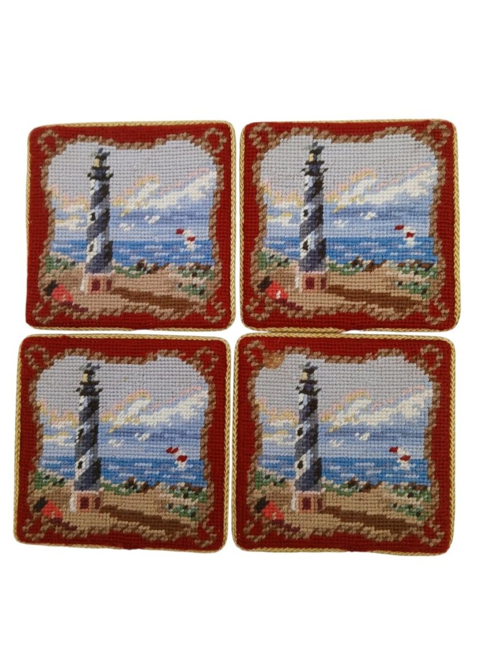 Vintage Lighthouse Needlepoint Coasters Set of 4 Nautical Ocean Scene 4”